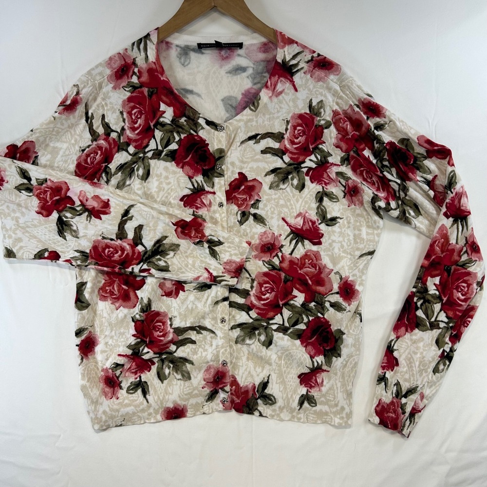 WHBM Romantic Cottagecore Floral Rose Cardigan Sweater XL Dark Academia Office